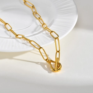 Detail of gold paperclip chain necklace with a toggle clasp on a white ceramic plate