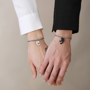 Couples stainless steel heart puzzle pendant bracelets with grey braided rope cord