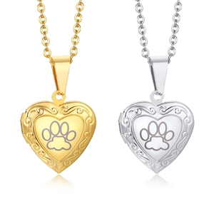 Stainless steel heart locket necklaces with paw prints in gold and silver finish