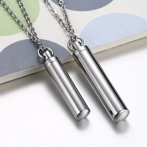 Polished stainless steel cylinder perfume bottle pendant necklace with cross chain