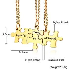 Three-piece stainless steel puzzle necklace set with gold plating and friendship engraving