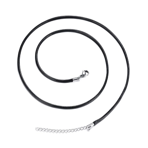 Black waxed cord necklace with silver lobster clasp and extension chain on white background