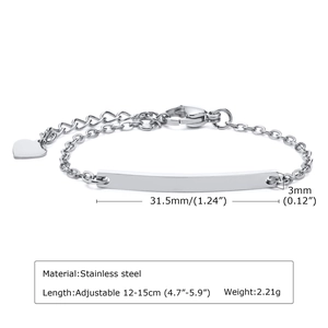 Detail showing stainless steel child ID bracelet dimensions 31.5mm x 3mm and heart charm