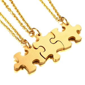 Three-piece gold stainless steel puzzle piece pendant necklace set for friendship