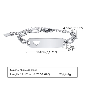 Detailed view of child stainless steel bracelet with engraved plate dimensions and sizing