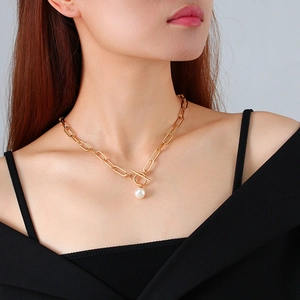 Golden stainless steel long link chain necklace with white pearl and classic OT toggle clasp