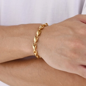 Men's gold-plated link bracelet featuring unique drop-shaped interlocking chain design