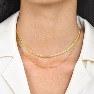 Golden double-layer stainless steel necklace featuring a snake chain and flat round link