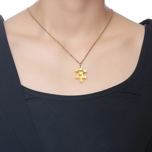 Polished gold puzzle piece pendant necklace with always be engraving on stainless steel