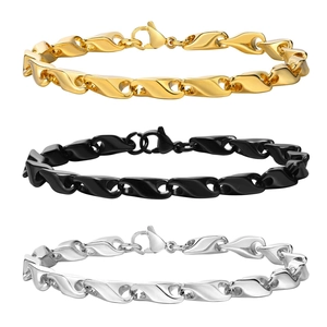 Men's stainless steel chain bracelets in gold, black, and silver with lobster clasp