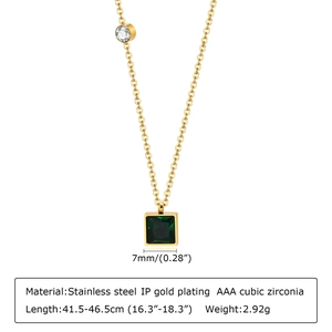 Gold geometric necklace with square green emerald cut stone and round cubic zirconia pendant
