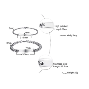 Bracelets d'identité polis en acier inoxydable pour couple avec dimensions et détails