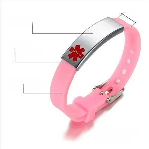 Verstellbares rosa Silikon-Notfallarmband mit polierter Edelstahl-ID-Plakette