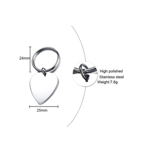 Polished heart-shaped stainless steel guitar pick keychain with 25x24mm size dimensions