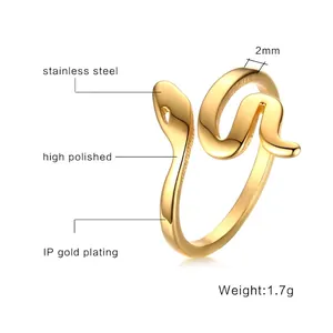 2mm golden stainless steel snake open ring with polished finish and minimalist design