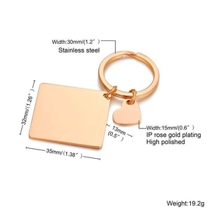 Polished rose gold stainless steel keychain with heart and rectangle tags measurement view