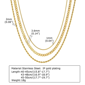 Ensemble de trois chaînes en acier inoxydable doré, styles torsadé, serpent et gourmette