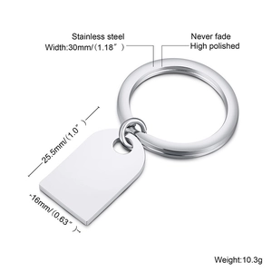 Polished stainless steel keychain details showing 30mm ring and 25.5x16mm pendant dimensions