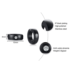 Boucles d'oreilles noires en acier inoxydable avec zircon AAA, largeur 4mm et diamètre 13mm