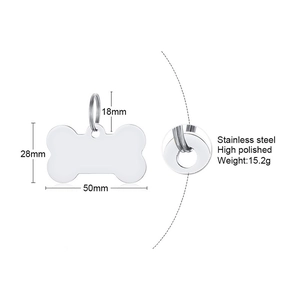 Polished stainless steel bone-shaped dog tag with detailed dimensions and 15.2g weight