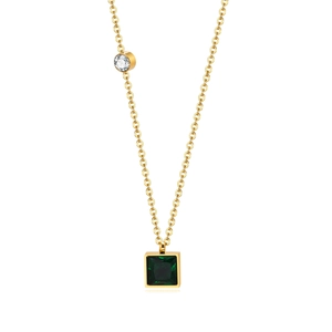 Golden stainless steel necklace with square green zircon pendant and small round crystal