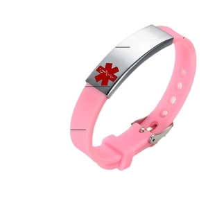 Medizinisches ID-Armband aus pinkem Silikon und Edelstahl mit rotem Symbol