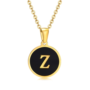 Minimalist gold necklace with black round disc pendant and golden letter Z on O-chain