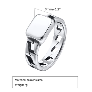 Polished silver stainless steel signet ring with 8mm rectangular top and chain band
