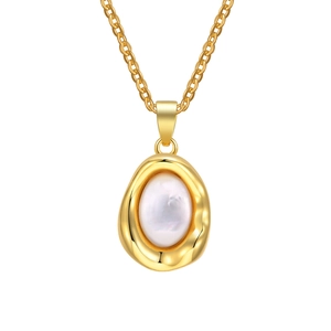 18K gold plated irregular lava frame necklace with elegant oval white shell pearl pendant