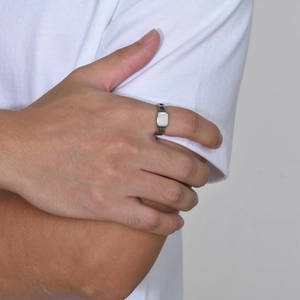 Minimalist silver stainless steel signet ring for men with Cuban chain side details
