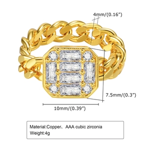 Golden Cuban chain ring for women with AAA cubic zirconia inlays and dimensions