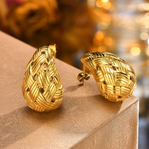 Boucles d'Oreilles Clous en Acier Inoxydable Texture Tissée Forme Larme Pour Femme Plaquées Or Bijoux Vintage de Luxe