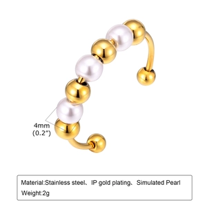Minimalist gold-plated stainless steel open ring with 4mm faux pearls for women
