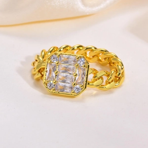 Gold Plated Copper Cuban Link Chain Ring For Women Zirconia Pave Rectangular Statement Finger Ring Fashion Jewelry