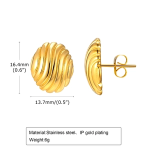 Golden stainless steel shell texture earrings with size 16.4mm by 13.7mm measurement