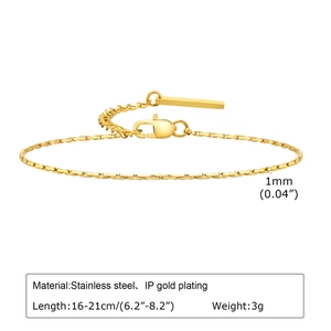 Macro detail of a 1mm gold-plated stainless steel chain with lobster clasp and nameplate