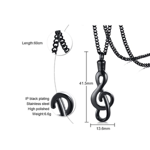 Detailed dimensions of musical note cremation pendant in black polished stainless steel