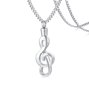 Polished silver musical note cremation pendant with screw opening detail on flat chain