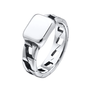 Polished silver stainless steel signet ring with vintage chain link band texture