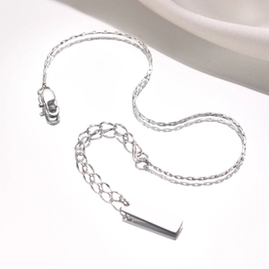 Detail of silver stainless steel chain bracelet with rectangular tag and lobster clasp