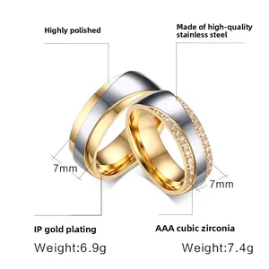 Detail of 7mm stainless steel couple rings with gold plating and AAA zircon inlays