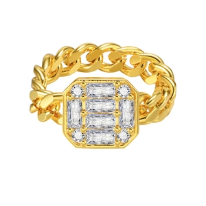 Golden cuban chain ring with octagon setting of rectangular and round white zircons