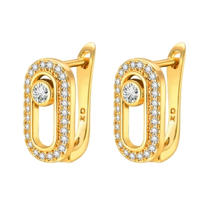 Elegant gold oval hoop earrings with a sliding center zircon and pave diamond border