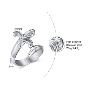 Macro view of stainless steel dagger ring with detailed size dimensions and polished finish