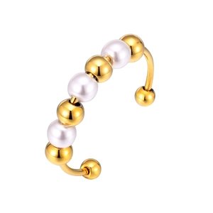 Golden stainless steel open ring featuring elegant white faux pearls and polished beads