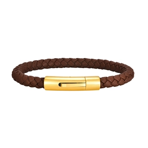 Bracelet tendance en cuir tressé marron foncé avec un fermoir magnétique en métal doré
