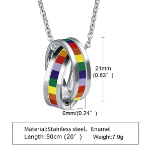 Rainbow enamel interlocking triple ring pendant in stainless steel on silver chain