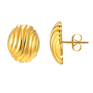Golden round stud earrings with 3D embossed shell wave pattern on polished surface