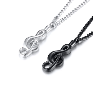 Pair of treble clef music note urn pendants in silver and black stainless steel