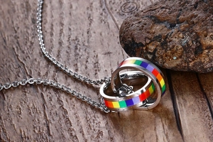 Detail of interlocking stainless steel double rings with vibrant rainbow enamel stripes